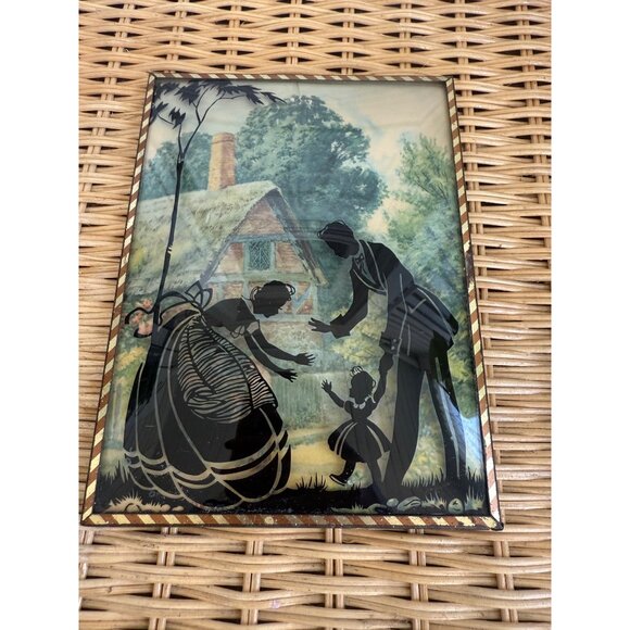 Vintage 40's Reverse Painted Victorian Couple Toddle Convex Glass Picture - Picture 6 of 8